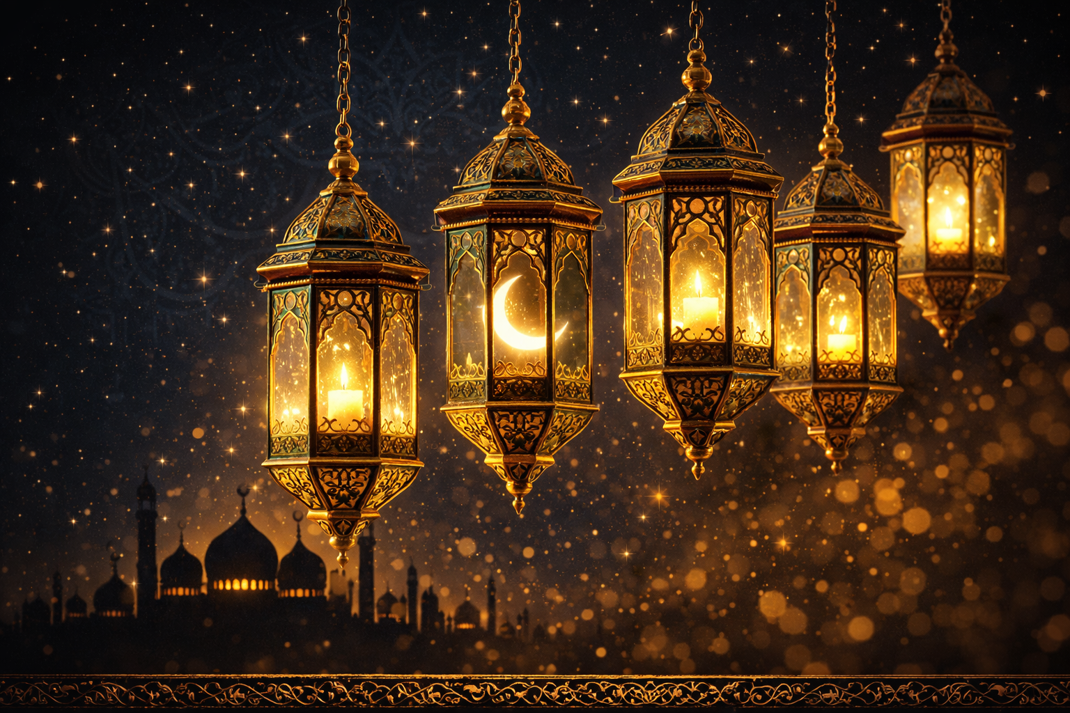 Row of glowing traditional Ramadan fanous lanterns in ornate gold and emerald green metalwork hanging against deep dark blue starry night sky, crescent moon visible through lanterns, mosque silhouette on horizon -- HD wallpaper